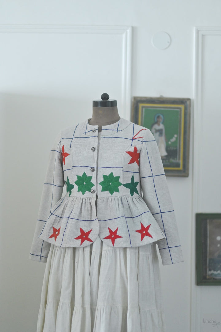 Medium, Jumo, Hand Embroidered Kantha peplum Jacket in White