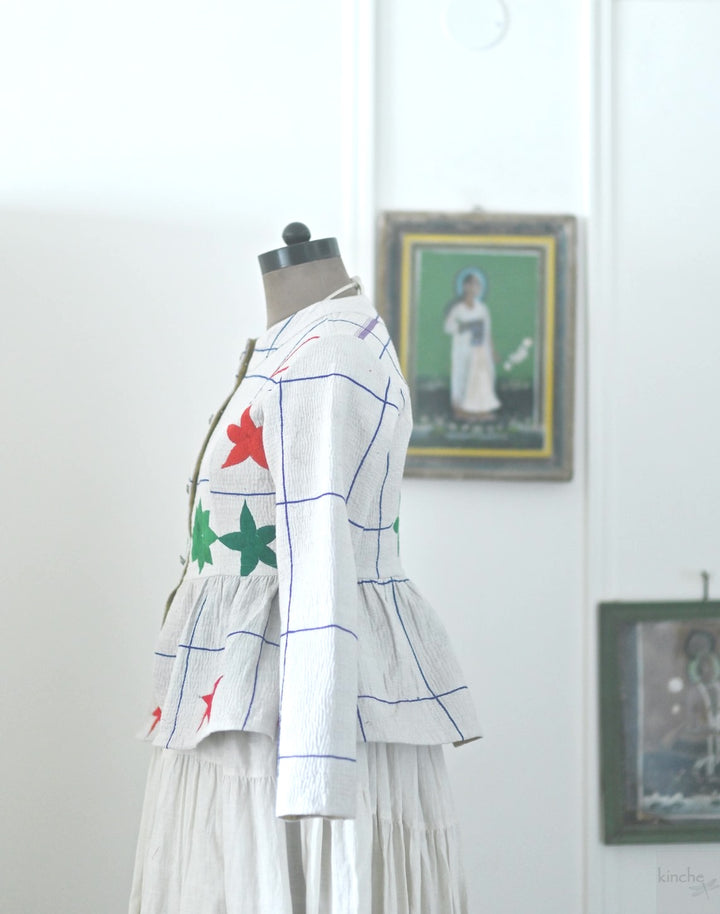 Medium, Jumo, Hand Embroidered Kantha peplum Jacket in White