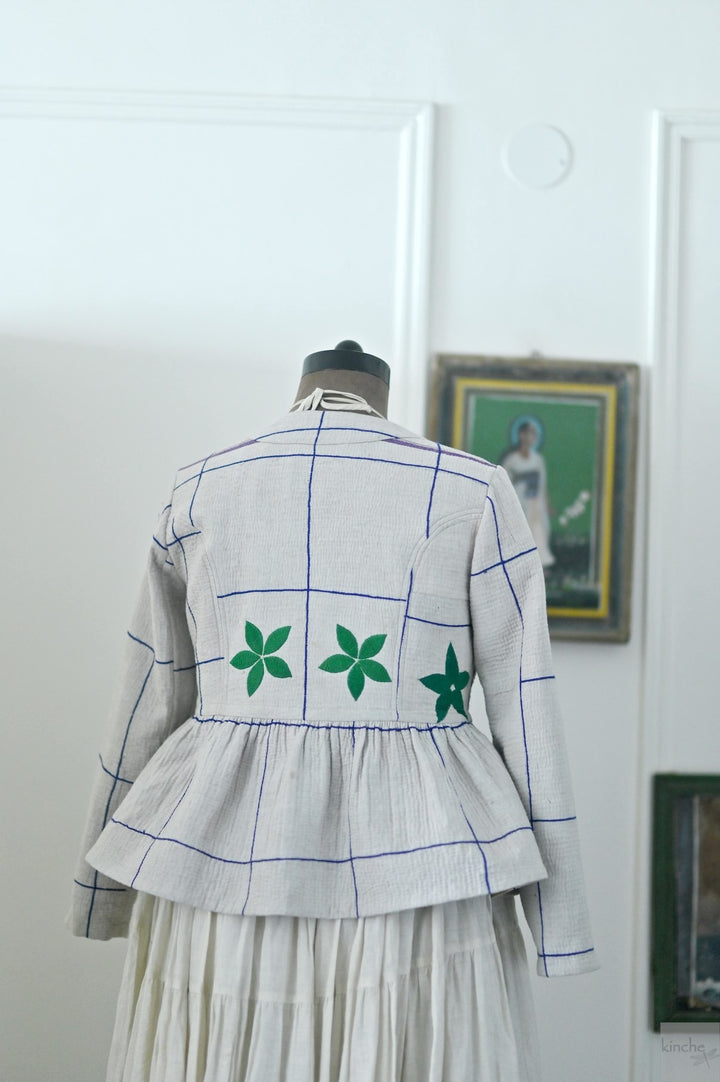 Medium, Jumo, Hand Embroidered Kantha peplum Jacket in White