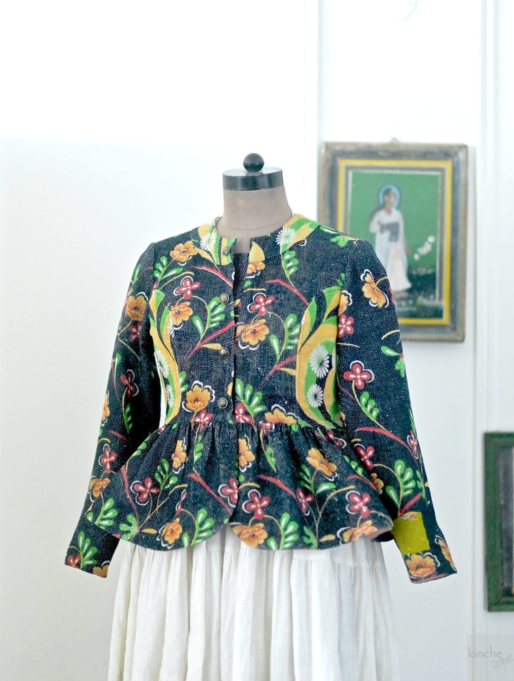 Lily, One of a Kind, Hand Embroidered Peplum in Black Floral Print