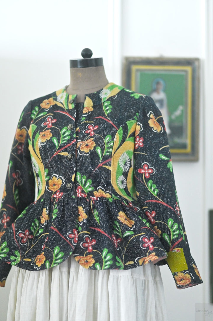 Lily, One of a Kind, Hand Embroidered Peplum in Black Floral Print