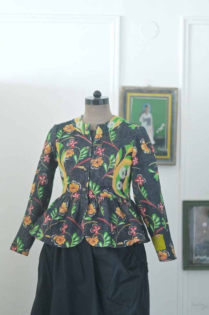 Lily, One of a Kind, Hand Embroidered Peplum in Black Floral Print