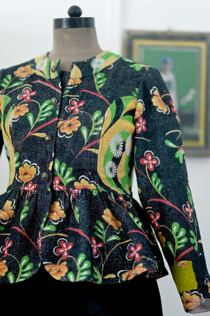 Lily, One of a Kind, Hand Embroidered Peplum in Black Floral Print