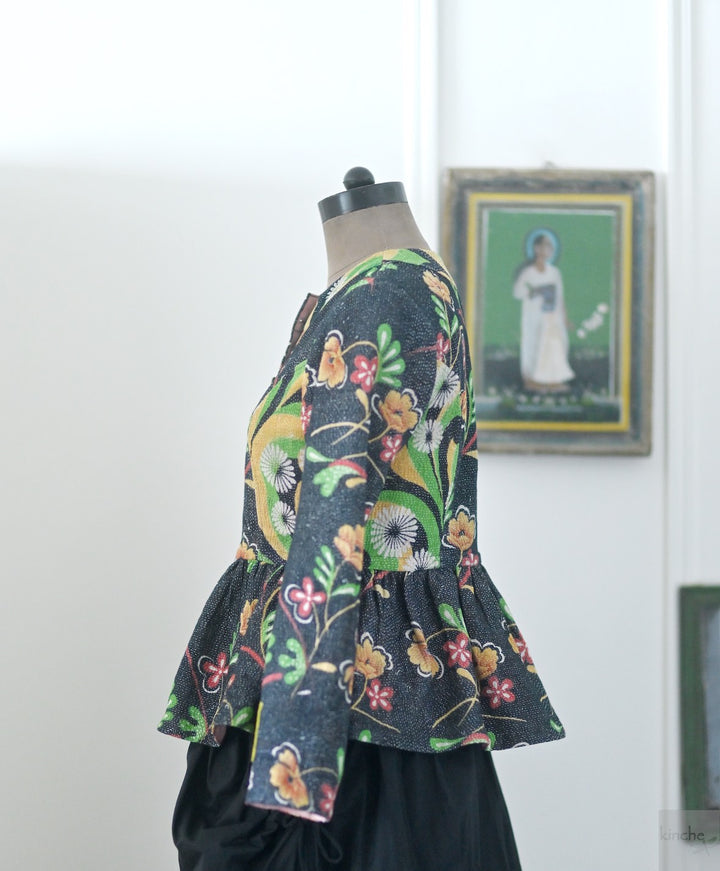 Lily, One of a Kind, Hand Embroidered Peplum in Black Floral Print