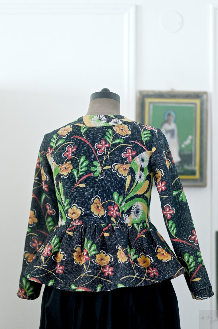 Lily, One of a Kind, Hand Embroidered Peplum in Black Floral Print