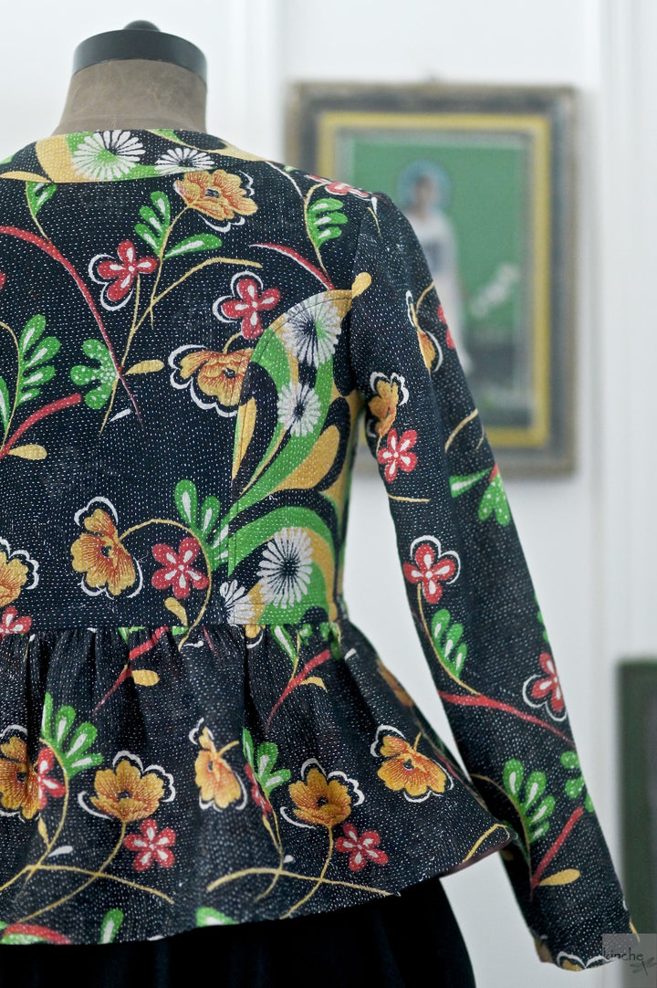 Lily, One of a Kind, Hand Embroidered Peplum in Black Floral Print