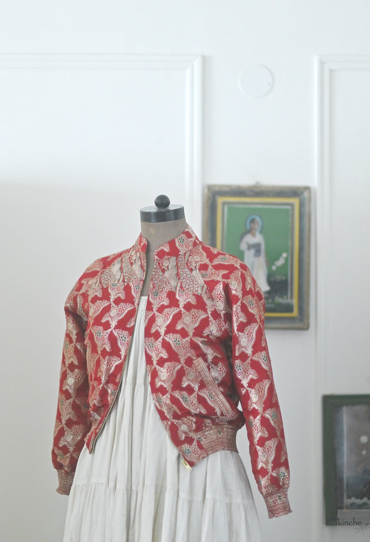 Saba, Size Small & Large Kadua Katan Silk Bomber in Deep Red & Gold