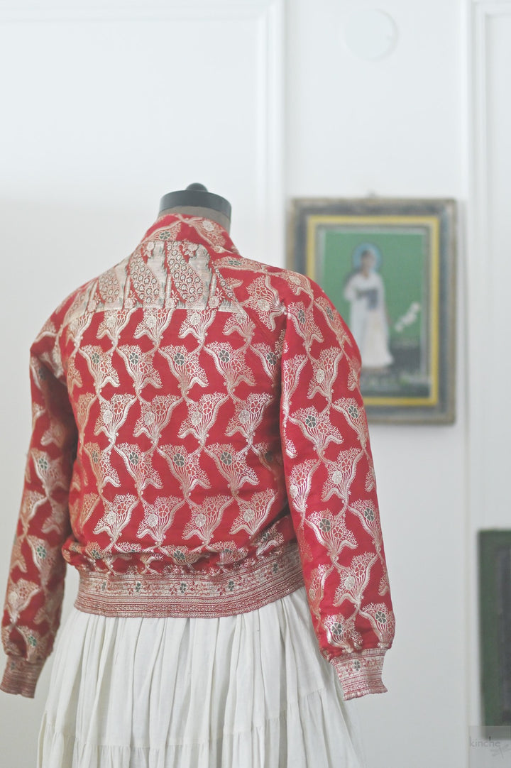 Saba, Size Small & Large Kadua Katan Silk Bomber in Deep Red & Gold