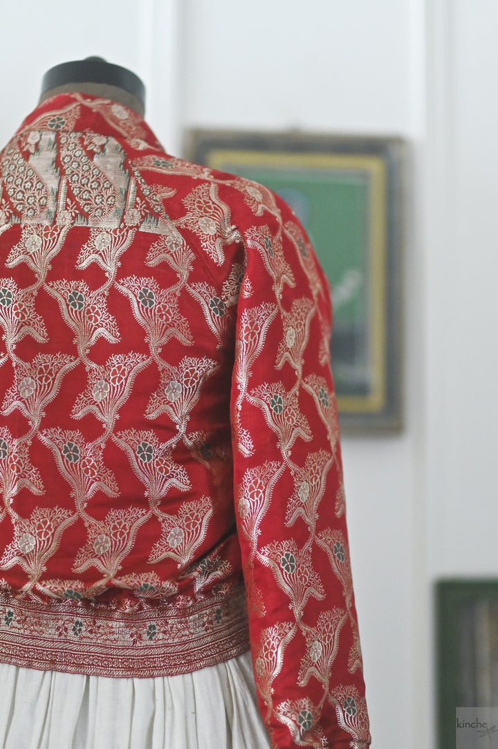 Saba, Size Small & Large Kadua Katan Silk Bomber in Deep Red & Gold