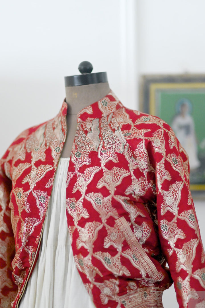 Saba, Size Small & Large Kadua Katan Silk Bomber in Deep Red & Gold