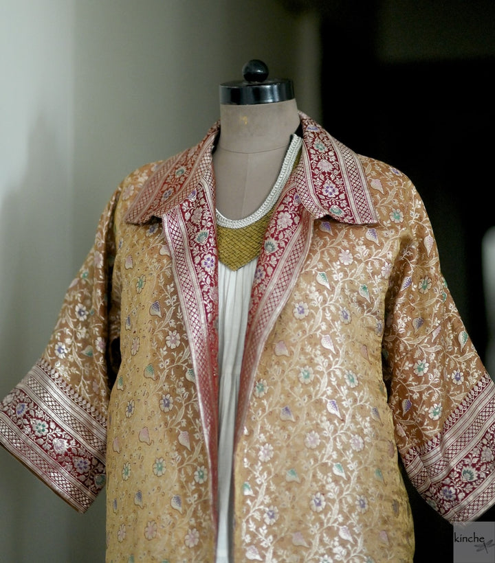 Jama 3, Long Robe Style Coat made with Vintage Zari Silk in Beige