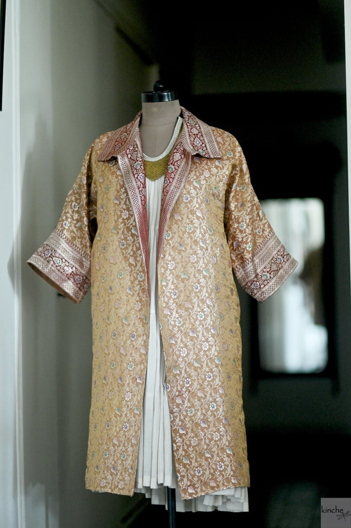 Jama 3, Long Robe Style Coat made with Vintage Zari Silk in Beige