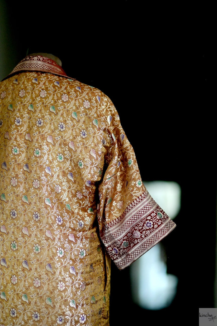 Jama 3, Long Robe Style Coat made with Vintage Zari Silk in Beige