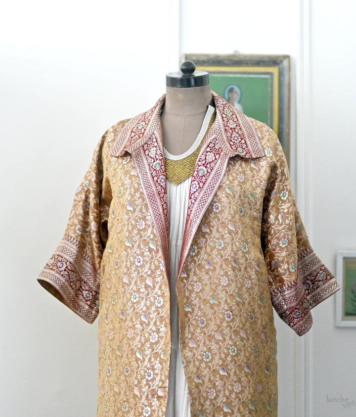 Jama 3, Long Robe Style Coat made with Vintage Zari Silk in Beige