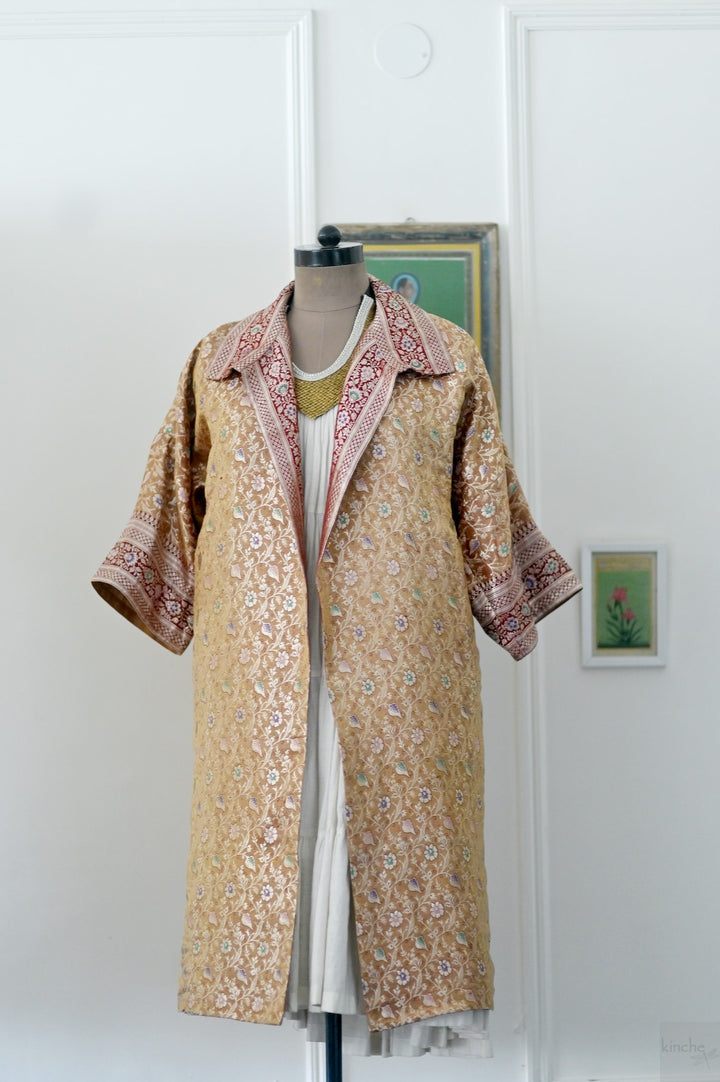 Jama 3, Long Robe Style Coat made with Vintage Zari Silk in Beige