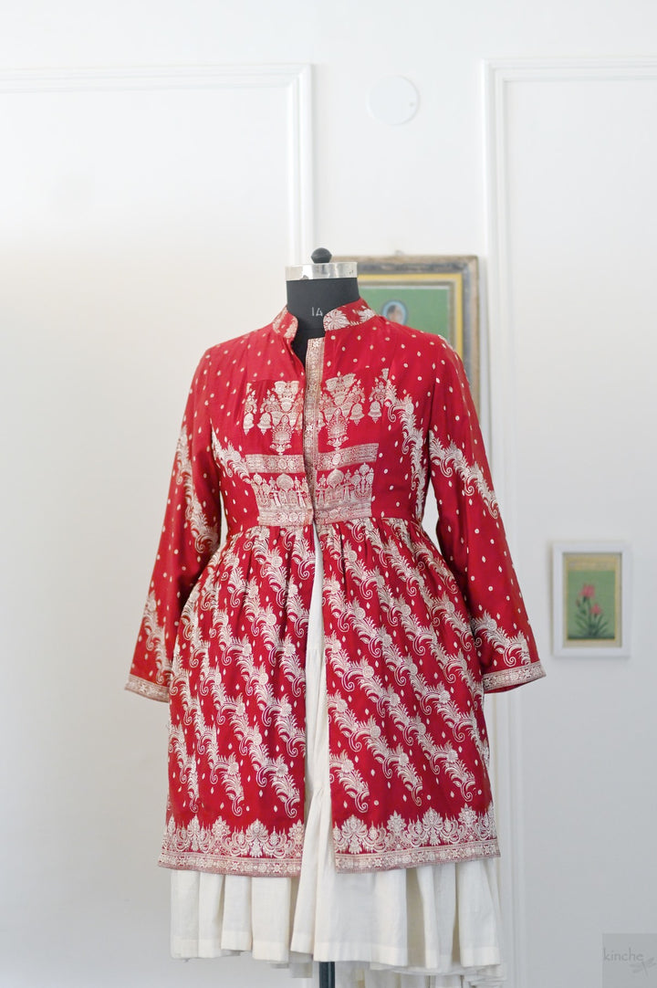 Phool, Vintage Zari Saree Long Jacket in Red and Gold, Large
