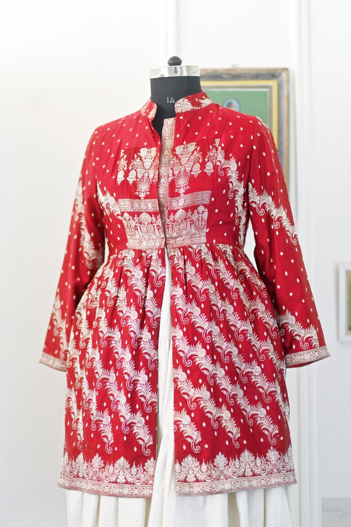Phool, Vintage Zari Saree Long Jacket in Red and Gold, Large