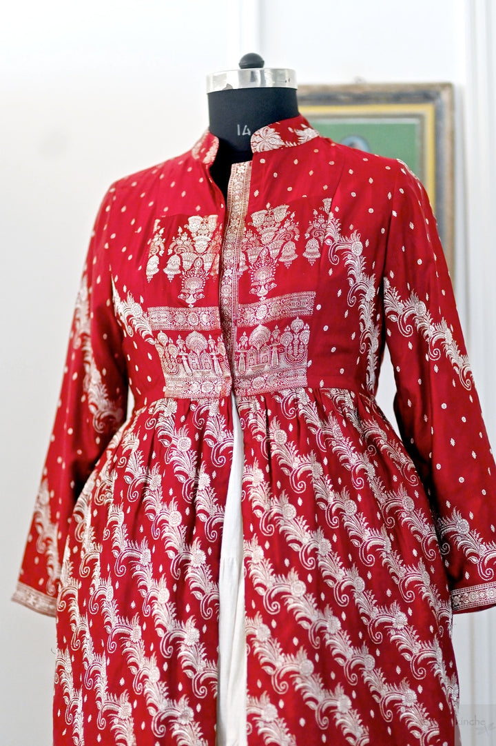 Phool, Vintage Zari Saree Long Jacket in Red and Gold, Large