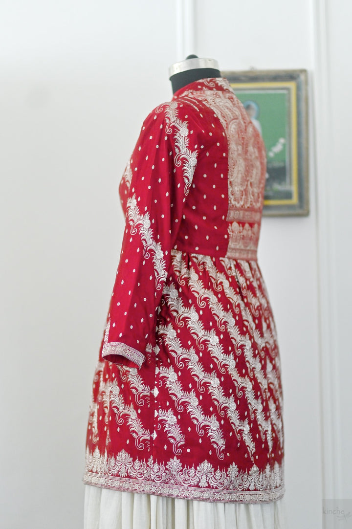Phool, Vintage Zari Saree Long Jacket in Red and Gold, Large