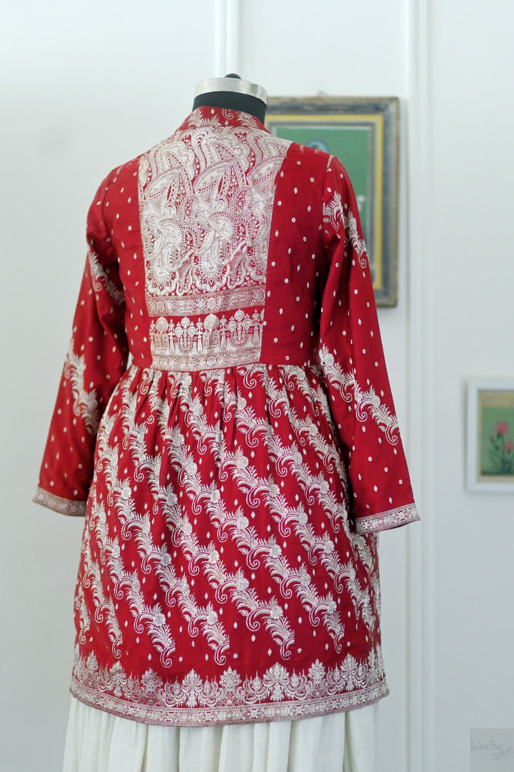 Phool, Vintage Zari Saree Long Jacket in Red and Gold, Large