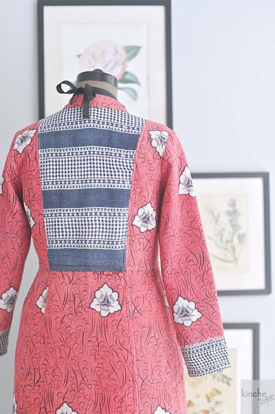 Size Medium, Moa, Sustainably made Kantha Long Coat/Jacket in Dark Pink