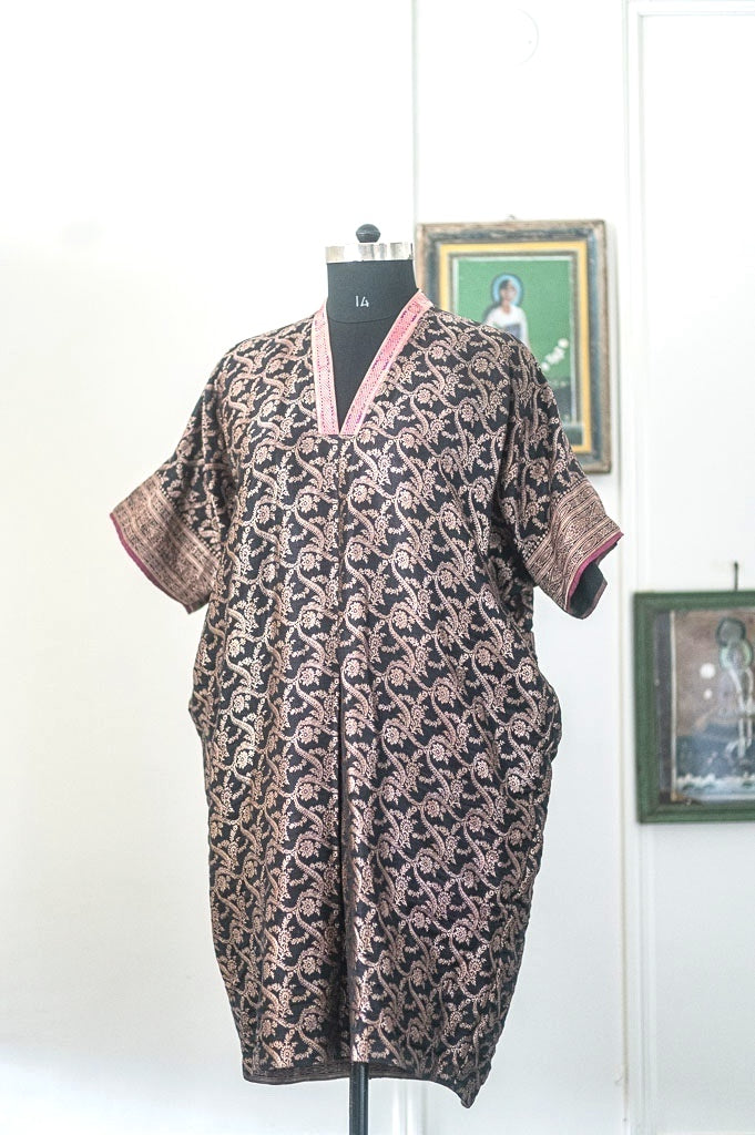 Arfa, Vintage Katan Silk Saree Kaftan Dress in Medium-Large