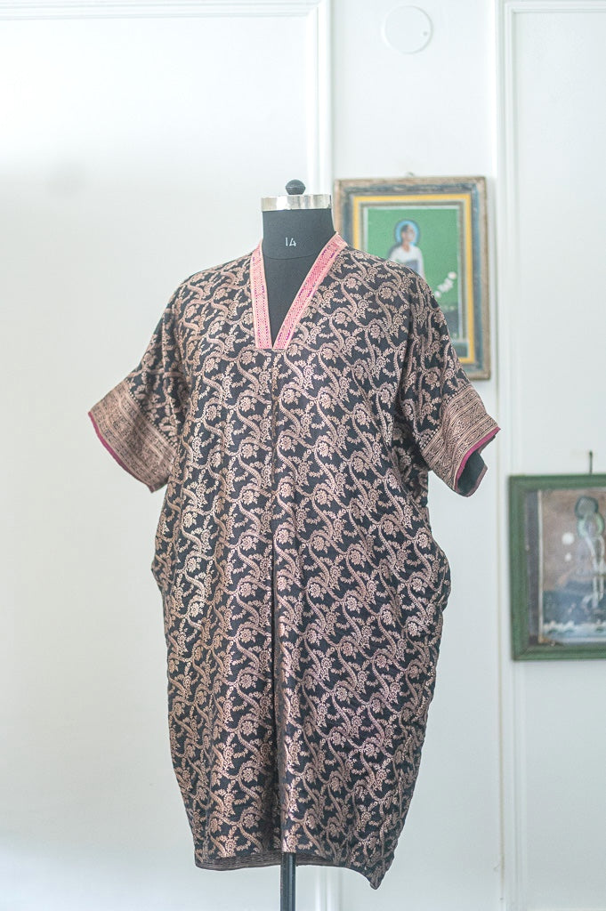 Arfa, Vintage Katan Silk Saree Kaftan Dress in Medium-Large