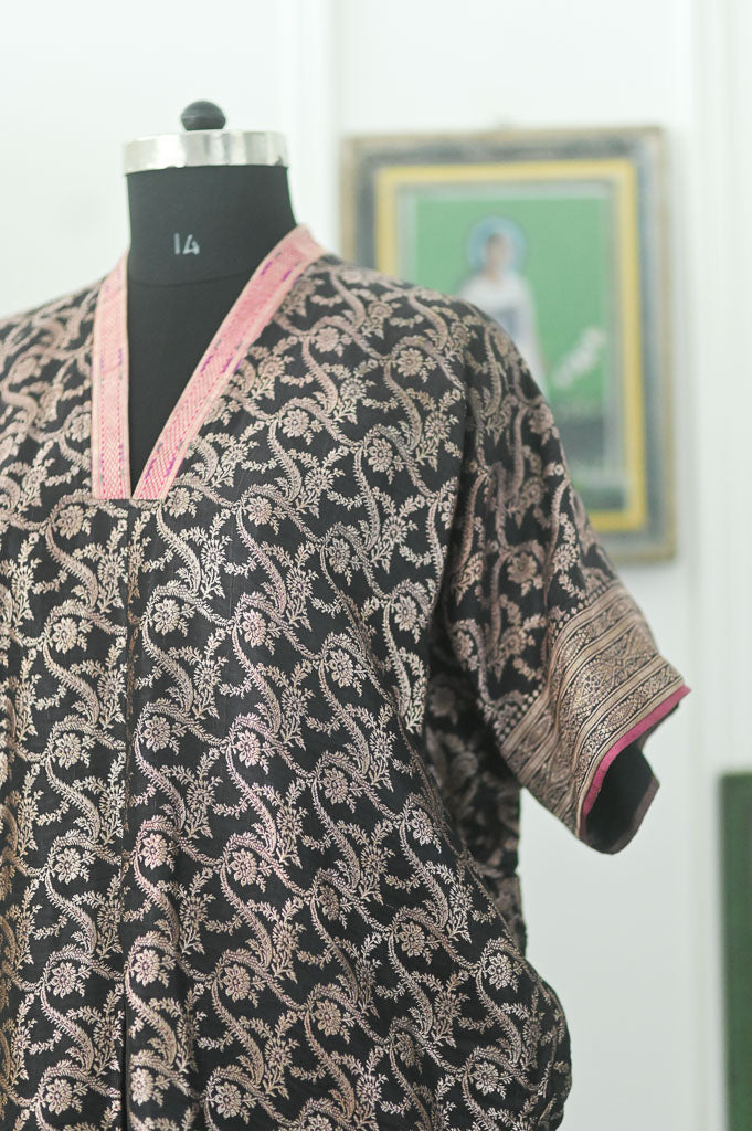 Arfa, Vintage Katan Silk Saree Kaftan Dress in Medium-Large