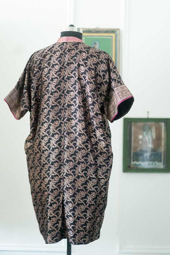 Arfa, Vintage Katan Silk Saree Kaftan Dress in Medium-Large