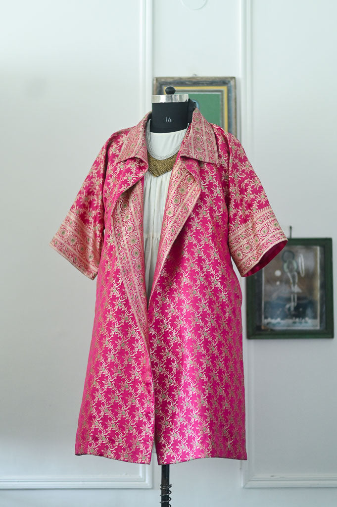 Jama 5, Long Robe Style Coat made with Vintage Zari Silk in Fuschia unisex