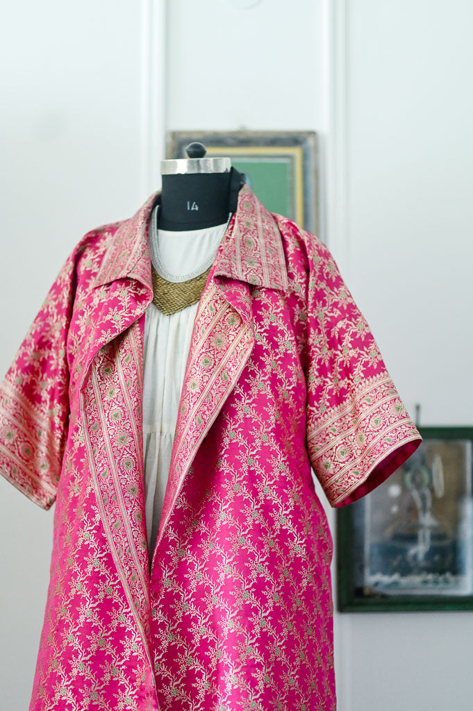 Jama 5, Long Robe Style Coat made with Vintage Zari Silk in Fuschia unisex