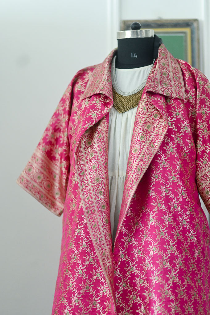 Jama 5, Long Robe Style Coat made with Vintage Zari Silk in Fuschia unisex