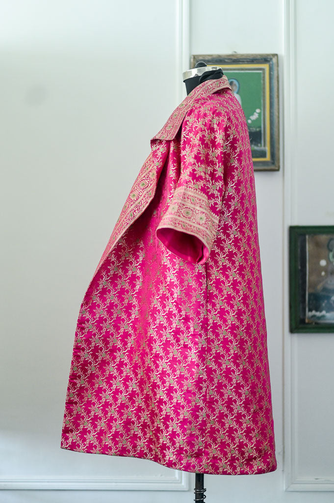 Jama 5, Long Robe Style Coat made with Vintage Zari Silk in Fuschia unisex