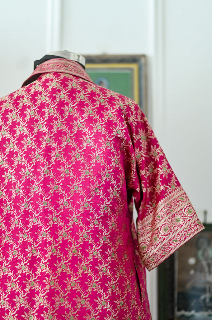 Jama 5, Long Robe Style Coat made with Vintage Zari Silk in Fuschia unisex