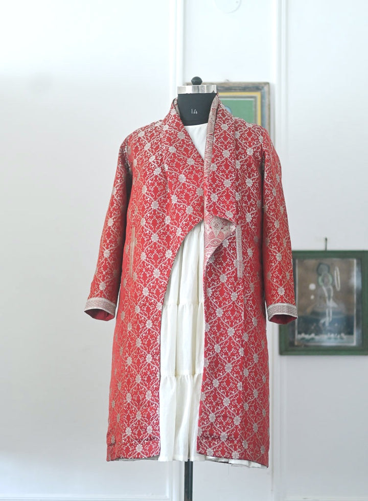 Chashme Shahi 1, Long Robe Style Coat made with Vintage Zari Silk in Fuchia unisex