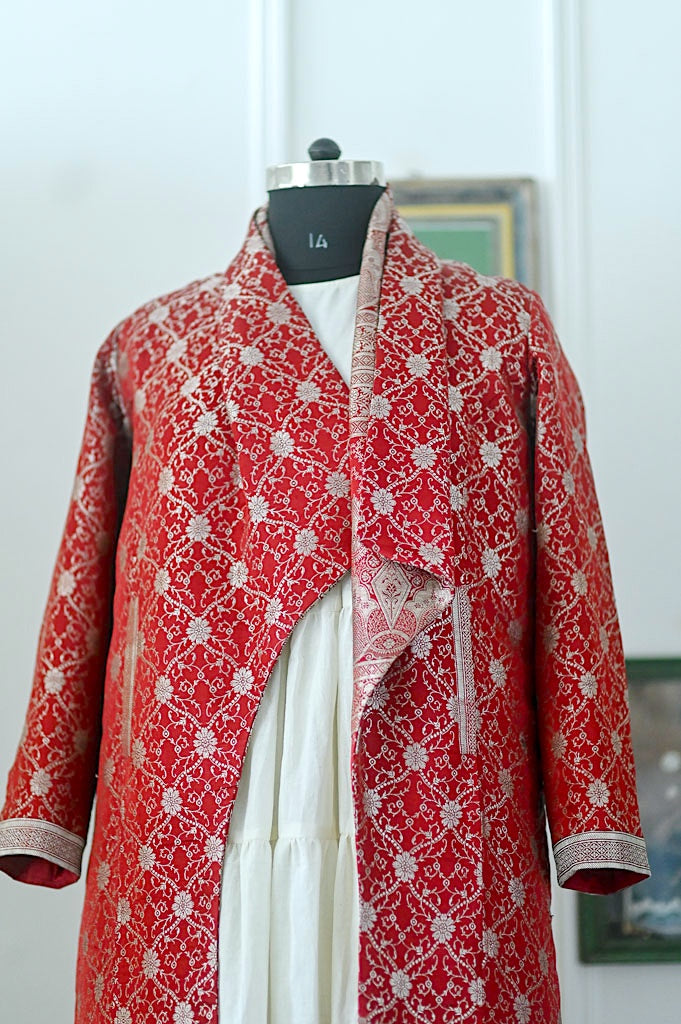 Chashme Shahi 1, Long Robe Style Coat made with Vintage Zari Silk in Fuchia unisex