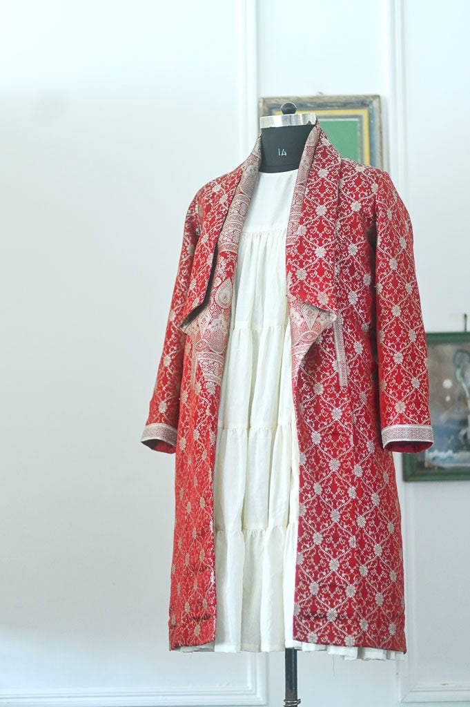 Chashme Shahi 1, Long Robe Style Coat made with Vintage Zari Silk in Fuchia unisex
