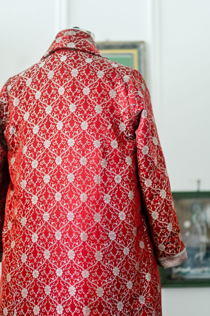 Chashme Shahi 1, Long Robe Style Coat made with Vintage Zari Silk in Fuchia unisex