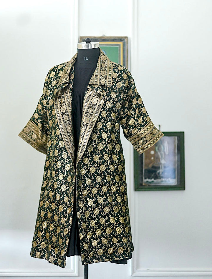 Jama 10 Long Robe Style Coat made with Vintage Zari Silk Three Quarter Sleeves, Medium