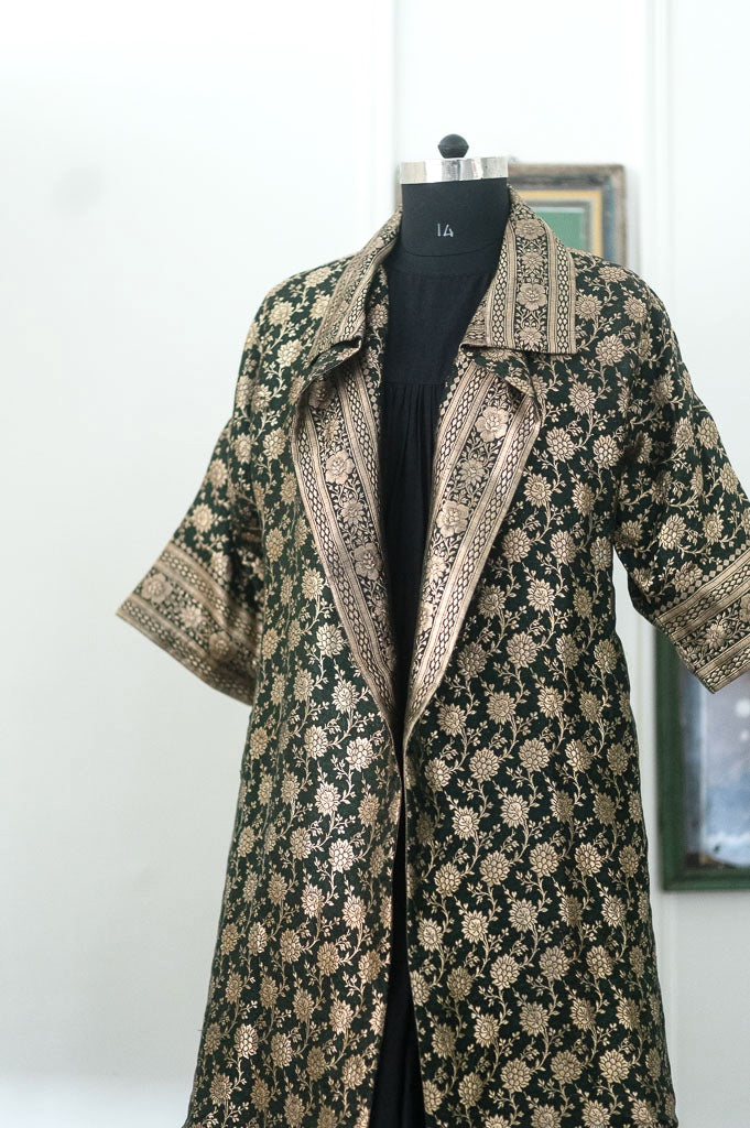 Jama 10 Long Robe Style Coat made with Vintage Zari Silk Three Quarter Sleeves, Medium