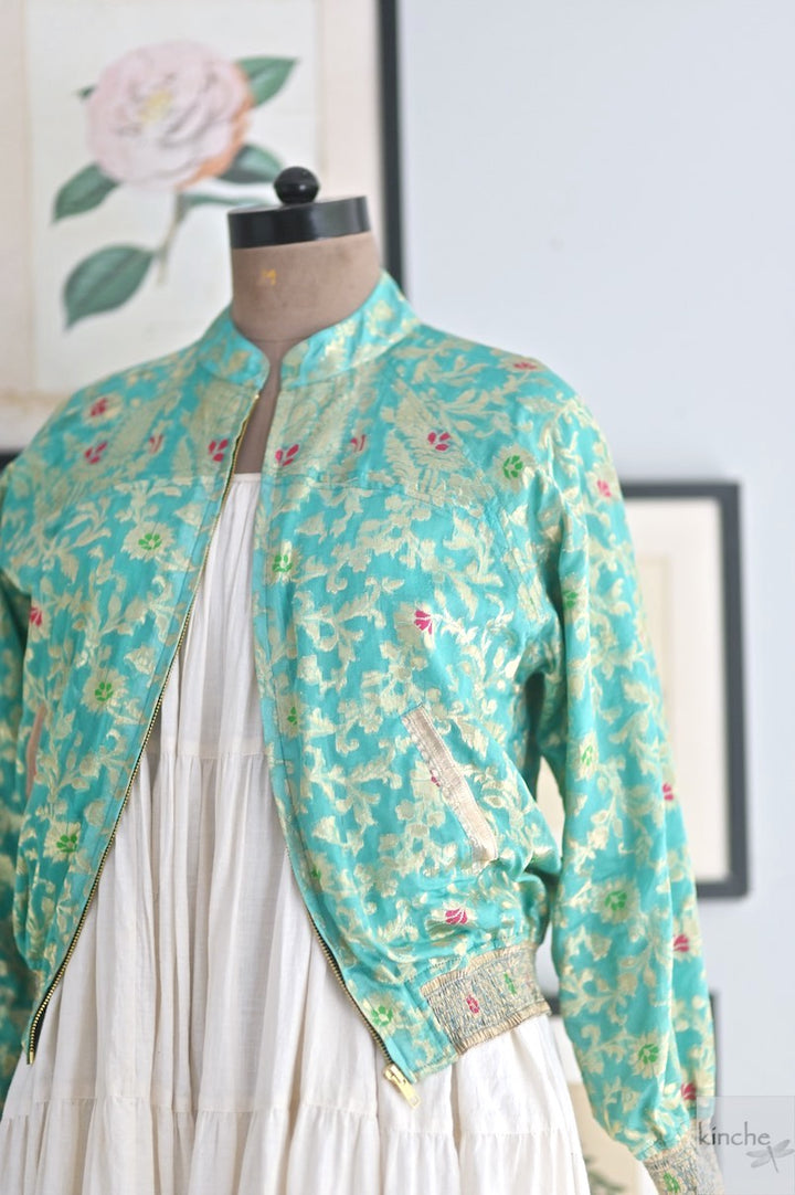 turquoise zari silk bomber jacket