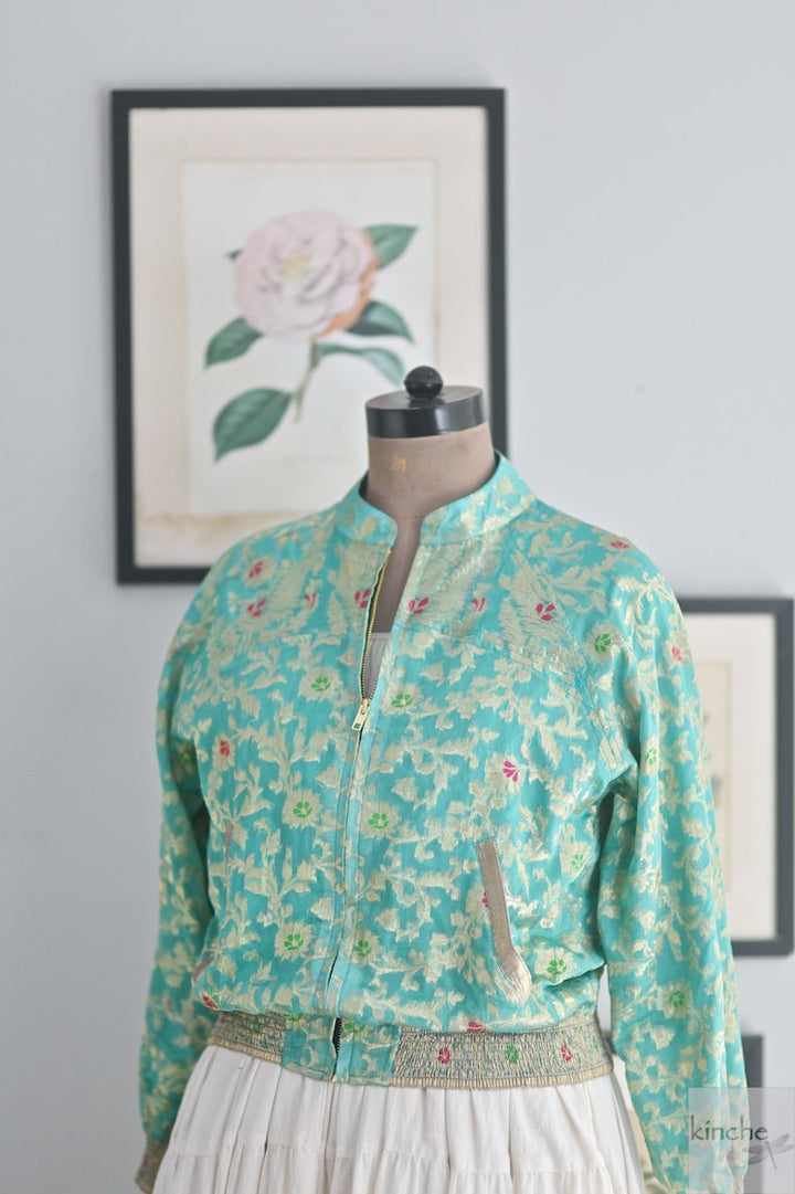 Aisha, Vintage Silk Saree Bomber Jacket in Turquoise , One of a Kind - kinchecom
