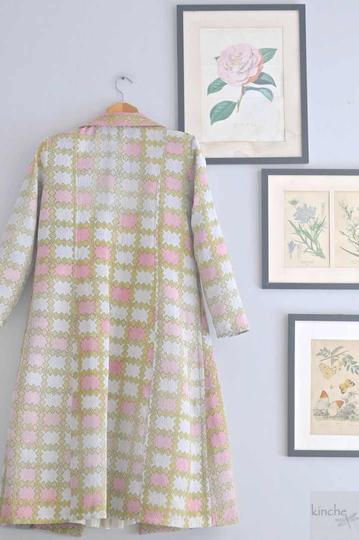 XL, Hilda, Vintage Quilt Long Coat with Brass Buttons, Sustainably Made, Bust 38 Inches - kinchecom