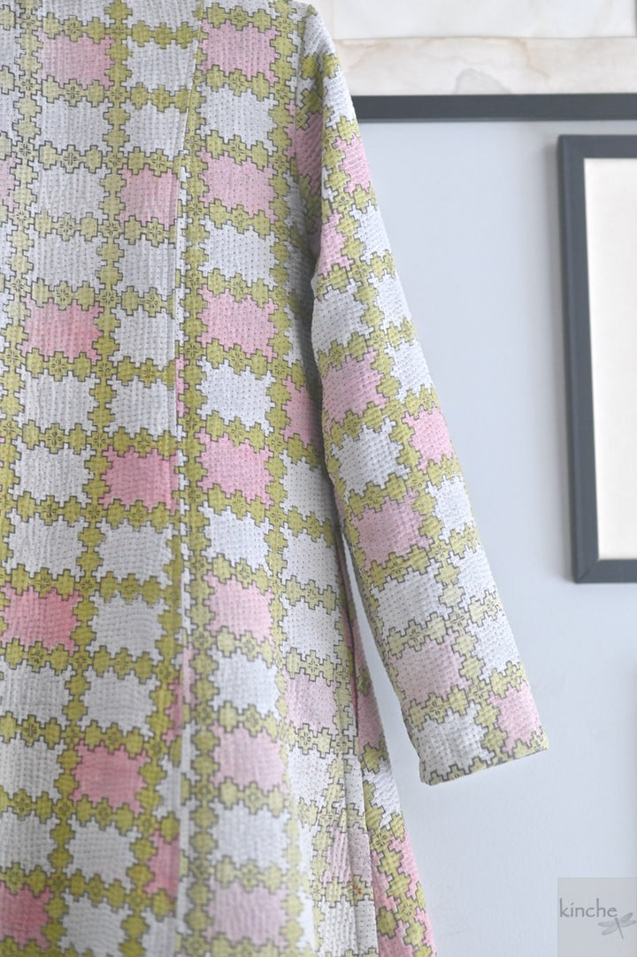 XL, Hilda, Vintage Quilt Long Coat with Brass Buttons, Sustainably Made, Bust 38 Inches - kinchecom