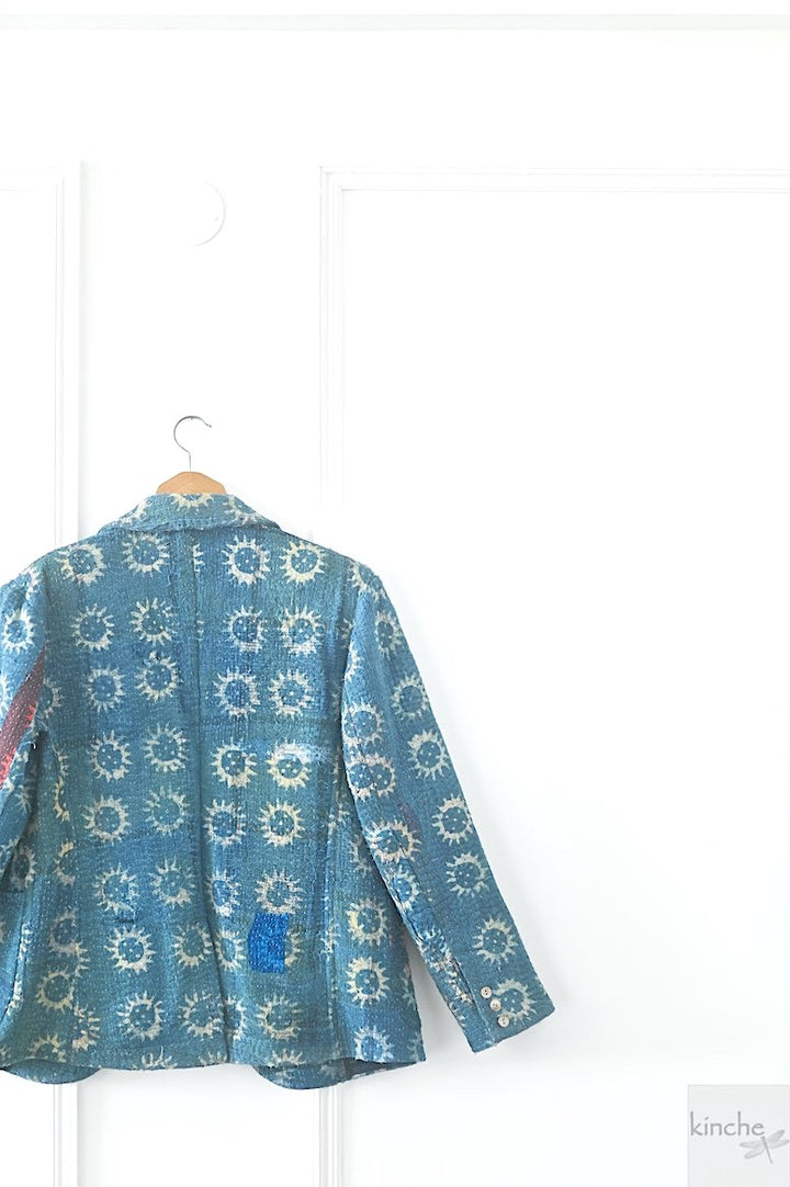 Oakley, Indigo Block Printed, Quilted Kantha Blazer Chest 44 Inches - kinchecom