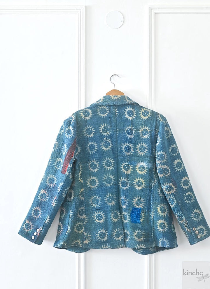Oakley, Indigo Block Printed, Quilted Kantha Blazer Chest 44 Inches - kinchecom