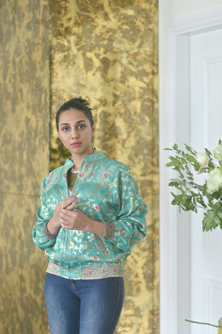Aisha, Vintage Silk Saree Bomber Jacket in Turquoise , One of a Kind - kinchecom