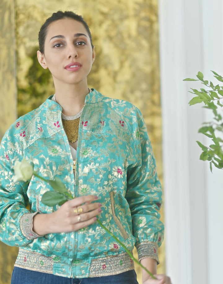 Vintage Turquoise Bomber Zari Jacket