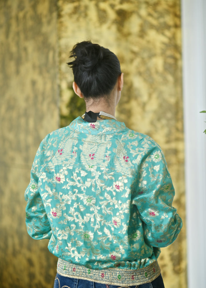 Aisha, Vintage Silk Saree Bomber Jacket in Turquoise , One of a Kind - kinchecom