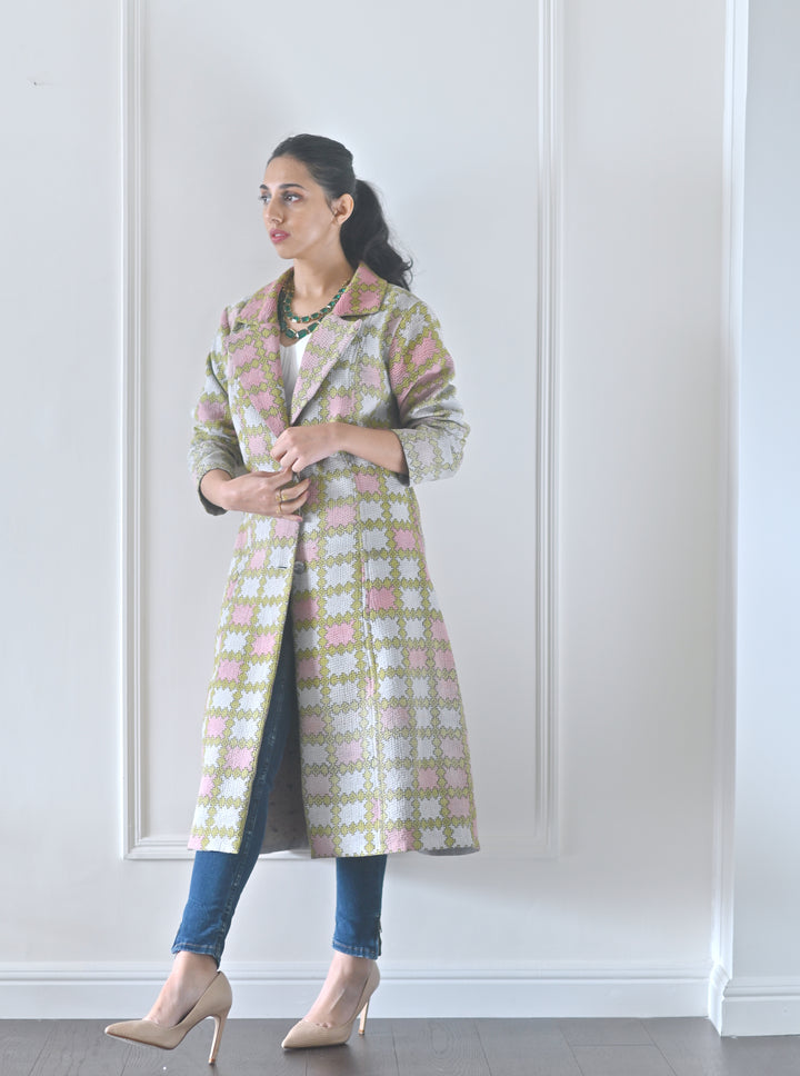 XL, Hilda, Vintage Quilt Long Coat with Brass Buttons, Sustainably Made, Bust 38 Inches - kinchecom